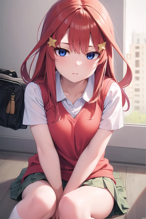 itsukinakano, <lora:itsukinakano-lora-nochekaiser:1>,
itsuki nakano, bangs, blue eyes, hair between eyes, ahoge, red hair, star \(symbol\), hair ornament, star hair ornament, <lora:smirkingeye_v100:1>,
BREAK skirt, shirt, school uniform, collarbone, white shirt, short sleeves, pleated skirt, socks, collared shirt, miniskirt, kneehighs, white socks, green skirt, sweater vest, red sweater vest,
BREAK indoors, school, classroom,
BREAK <lyco:GoodHands-beta2:1>, (masterpiece:1.2), best quality, high resolution, unity 8k wallpaper, (illustration:0.8), (beautiful detailed eyes:1.6), extremely detailed face, perfect lighting, extremely detailed CG, (perfect hands, perfect anatomy),