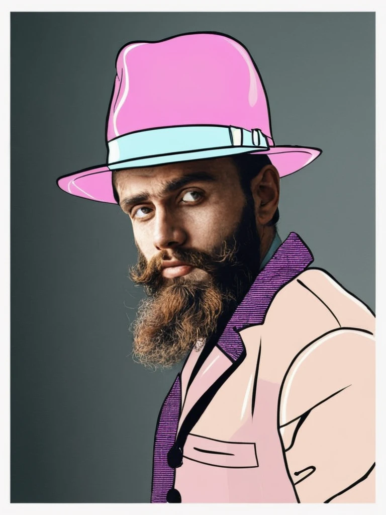 a man with a beard and a hat graphical clothes by Pictureplane , <lora:Graphical_Clothes_sdxl:1>