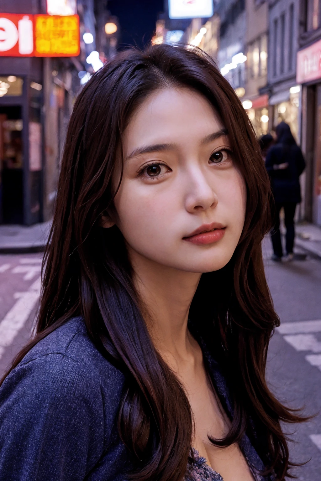 adult girl, (slim body, medium breasts), looking at viewer, solo:1, (long hair), close shot, (face upward:0.37),
shop background, street background
full body,