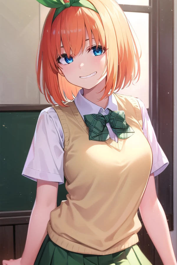 yotsubanakano, <lora:yotsubanakano-lora-nochekaiser:1>, 
yotsuba nakano, bangs, short hair, blue eyes, hair between eyes, hair ribbon, hairband, orange hair, green ribbon, <lora:talkmouth_I_v100:1>, smile,
BREAK skirt, shirt, bow, ribbon, school uniform, white shirt, short sleeves, pleated skirt, shoes, socks, collared shirt, miniskirt, bowtie, black footwear, kneehighs, green skirt, black socks, loafers, green bow, sweater vest, green ribbon,
BREAK looking at viewer, full body, upper body,
BREAK indoors, classroom,
BREAK <lyco:GoodHands-beta2:1>, (masterpiece:1.2), best quality, high resolution, unity 8k wallpaper, (illustration:0.8), (beautiful detailed eyes:1.6), extremely detailed face, perfect lighting, extremely detailed CG, (perfect hands, perfect anatomy),