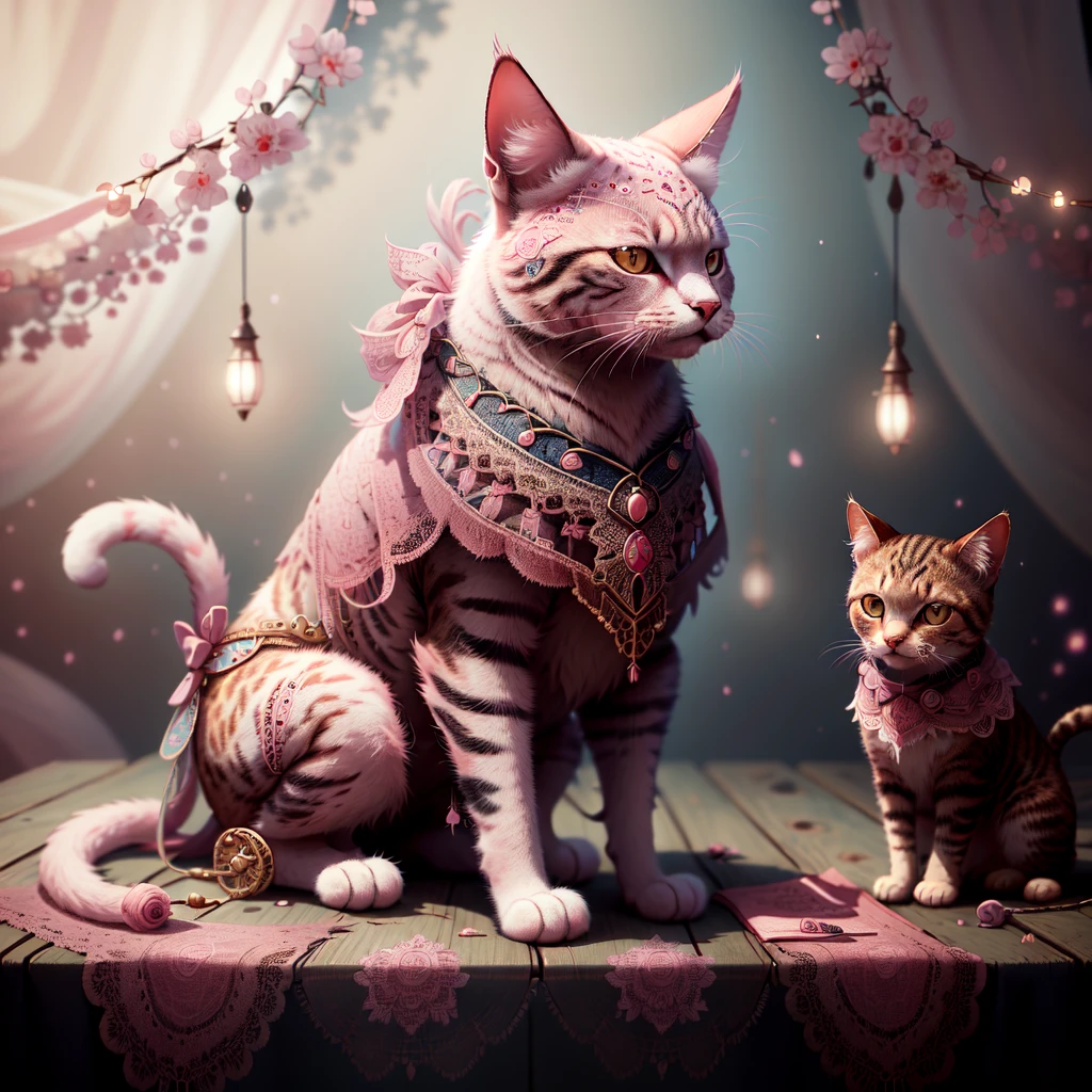 absurdres, masterpiece, extremely detailed, <lora:WorldofLace:1>, worldoflace, lace, patterns, see through, cat sitting on a table, armoured, pink