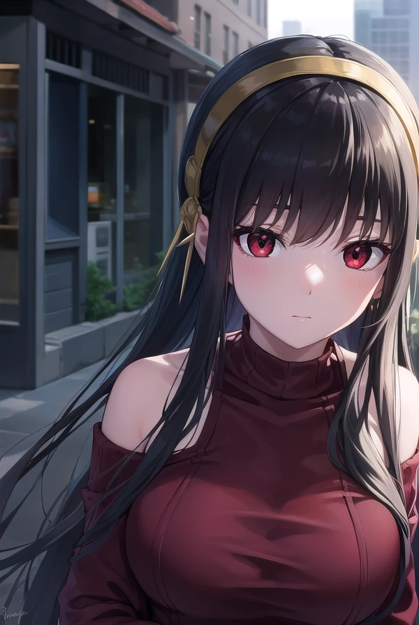 yorbriar, <lora:yorbriar-lora-nochekaiser:1>, 
yor briar, black hair, (red eyes:1.5), earrings, gold hairband, hairband, long hair, sidelocks, (medium  breasts:1.2),
BREAK bare shoulders, collarbone, dress, long sleeves, off shoulder, off-shoulder dress, off-shoulder sweater, pantyhose, red sweater, sweater, sweater dress, thighs,
BREAK outdoors, city,
BREAK looking at viewer, full body, upper body,
BREAK <lora:GoodHands-vanilla:1>, (masterpiece:1.2), best quality, high resolution, unity 8k wallpaper, (illustration:0.8), (beautiful detailed eyes:1.6), extremely detailed face, perfect lighting, extremely detailed CG, (perfect hands, perfect anatomy),