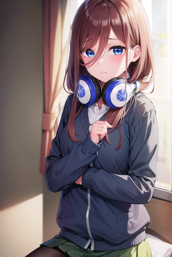 mikunakano, <lora:mikunakano-lora-nochekaiser:1>,
miku nakano, long hair, bangs, blue eyes, brown hair, shirt, hair between eyes, headphones, cardigan, headphones around neck, <lora:yudedako_v100:1>, embarrassed,
BREAK skirt, shirt, long sleeves, white shirt, pantyhose, pleated skirt, black pantyhose, cardigan, green skirt, blue cardigan,
BREAK looking at viewer,
BREAK indoors, classroom,
BREAK <lyco:GoodHands-beta2:1>, (masterpiece:1.2), best quality, high resolution, unity 8k wallpaper, (illustration:0.8), (beautiful detailed eyes:1.6), extremely detailed face, perfect lighting, extremely detailed CG, (perfect hands, perfect anatomy),