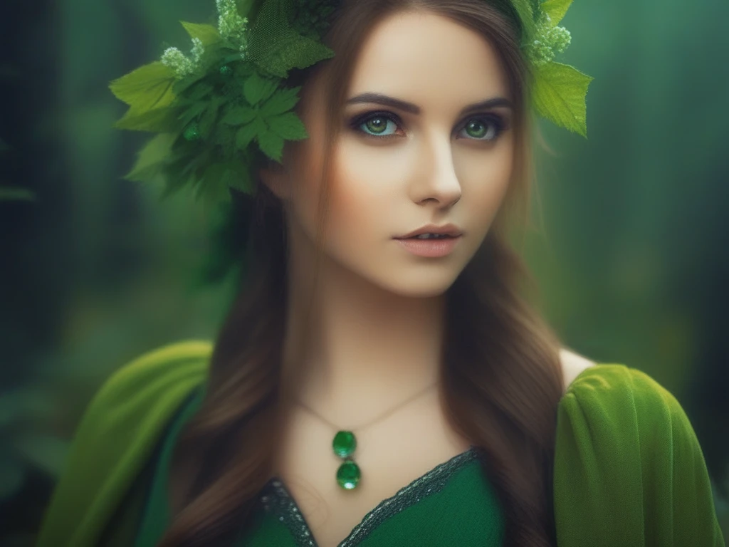 <lora:am_magic_xl:1> (clouse-up:1.4), portrait of pretty elf girl , RAW photo, wearing green clothes, on fantasy forest background, (green eyes:1), (masterpiece), (best quality),