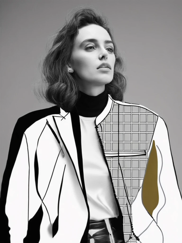 a woman with a silver jacket and a white shirt graphical clothes by Elizabeth Hawes , <lora:Graphical_Clothes_sdxl:1>