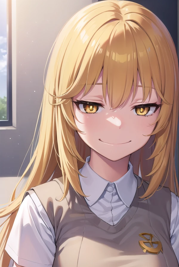 misakishokuhou, <lora:misakishokuhou-lora-nochekaiser:1>,
misaki shokuhou, blonde hair, hair between eyes, long hair, (symbol-shaped pupils:1.5), (yellow eyes:1.5), (medium breasts:1.2), <lora:smirkingeye_v100:1>, <lora:smirkingmouth_v100:1>, smile,
BREAK elbow gloves, gloves, school uniform, short sleeves, summer uniform, sweater vest, tokiwadai school uniform, white gloves, (light brown sweater vest:1.2),
BREAK looking at viewer, upper body,
BREAK indoors, classroom,
BREAK <lora:GoodHands-vanilla:1>, (masterpiece:1.2), best quality, high resolution, unity 8k wallpaper, (illustration:0.8), (beautiful detailed eyes:1.6), extremely detailed face, perfect lighting, extremely detailed CG, (perfect hands, perfect anatomy),