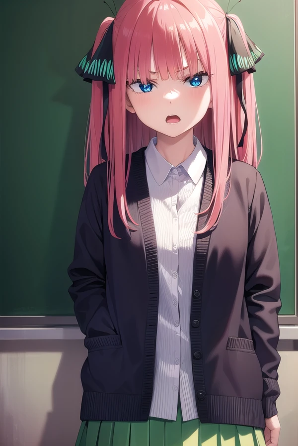 ninonakano, <lora:ninonakano-lora-nochekaiser:1>, 
nino nakano, long hair, bangs, blue eyes, hair ornament, hair ribbon, pink hair, blunt bangs, two side up, butterfly hair ornament, <lora:gekioko_v200:1>, angry, open mouth,
BREAK skirt, shirt, long sleeves, white shirt, pleated skirt, open clothes, collared shirt, sleeves past wrists, dress shirt, cardigan, green skirt, open cardigan, black cardigan,,
BREAK indoors, classroom, school,
BREAK looking at viewer, 
BREAK <lyco:GoodHands-beta2:1>, (masterpiece:1.2), best quality, high resolution, unity 8k wallpaper, (illustration:0.8), (beautiful detailed eyes:1.6), extremely detailed face, perfect lighting, extremely detailed CG, (perfect hands, perfect anatomy),