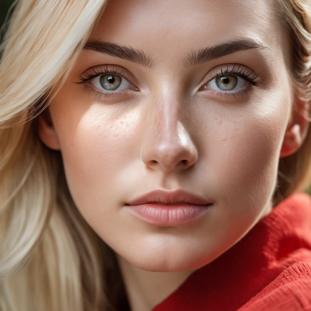 RAW photo, portrait of a beautiful blonde woman wearing a red shirt (high detailed skin:1.2), 8k uhd, dslr, soft lighting, high quality, film grain, Fujifilm XT3
upper body, cute face, eye level, focus on eyes, dappled light on face, pale skin, no make-up, detailed face and eyes, natural skin texture, highly detailed skin, textured skin, skin pores, oiled shiny skin, skin blemish, imperfect skin, intricate skin details, visible skin detail, detailed skin texture, subsurface scattering, blush, few freckles, few moles, goosebumps, minor skin imperfections, skin pores, wrinkles, vitiligo spots, whiteheads, blackhead, white pimples, red pimples, beauty spot, skin fuzz, remarkable detailed pupils, detailed iris, very thin eyebrows