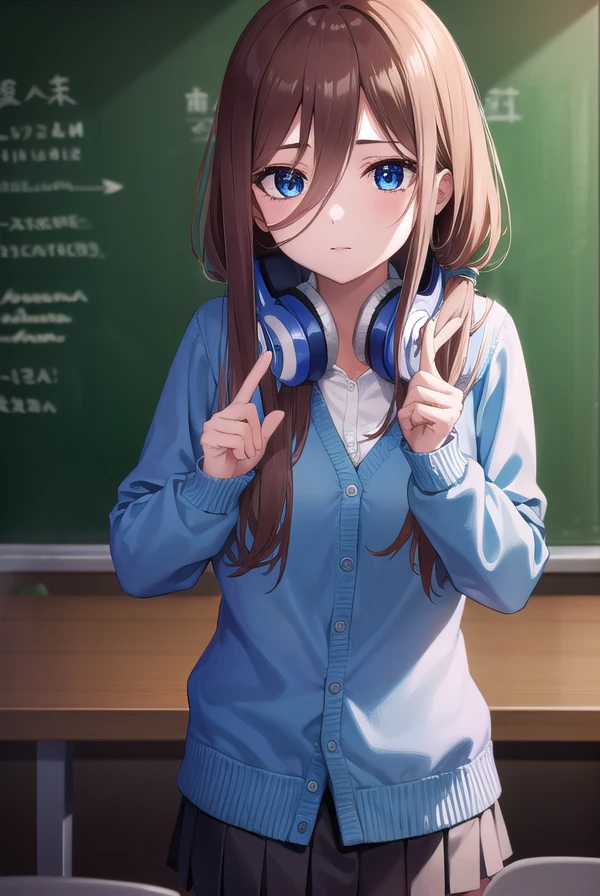 mikunakano, <lora:mikunakano-lora-nochekaiser:1>,
miku nakano, long hair, bangs, blue eyes, brown hair, shirt, hair between eyes, headphones, cardigan, headphones around neck,
BREAK skirt, shirt, long sleeves, white shirt, pantyhose, pleated skirt, black pantyhose, cardigan, green skirt, blue cardigan,
BREAK looking at viewer,
BREAK indoors, classroom,
BREAK <lyco:GoodHands-beta2:1>, (masterpiece:1.2), best quality, high resolution, unity 8k wallpaper, (illustration:0.8), (beautiful detailed eyes:1.6), extremely detailed face, perfect lighting, extremely detailed CG, (perfect hands, perfect anatomy),