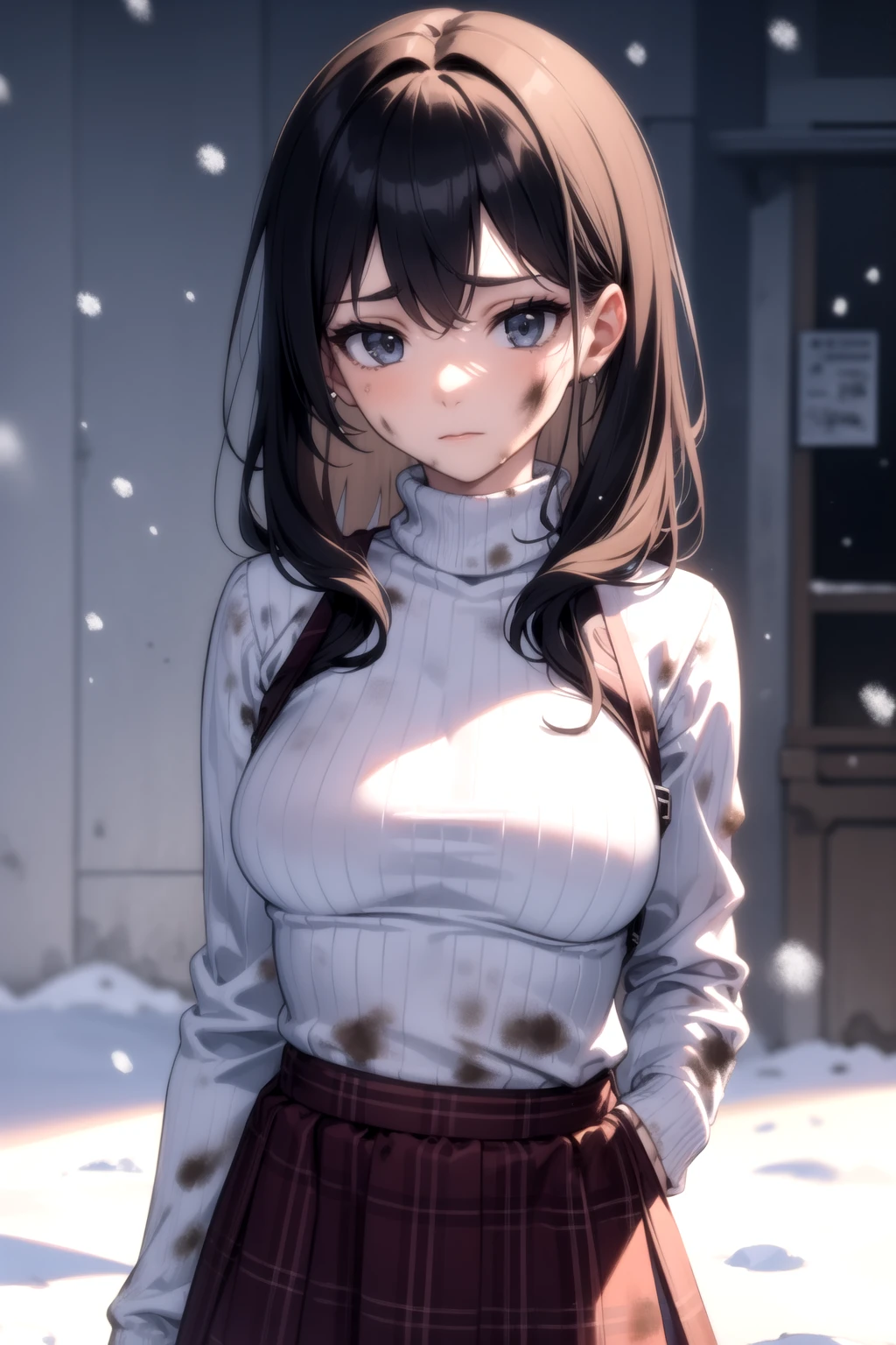 <lora:dirty_v0.1:1.0>
1girl, turtleneck sweater, plaid skirt, snow,
dirty, dirty face, (dirty clothes:1.1), upper body,, masterpiece, best quality, highly detailed