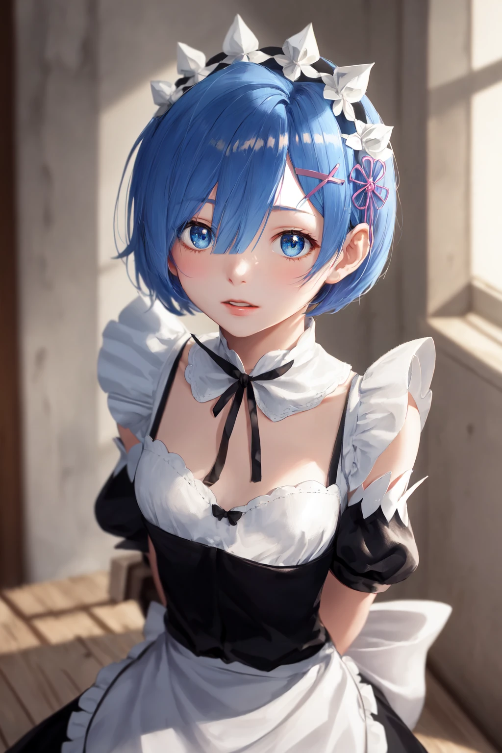 highres, sharp focus, pixiv masterpiece, ((intricate details)), highly detailed, upper body, 1girl, rem_re_zero, blue hair, short hair, maid uniform, hair ornament, cleavage, maid headdress, detached sleeves, ribbon,  <lora:Rem_ReZero_v1_1:0.8> ,  <lora:breastsizeslideroffset:-0.6>