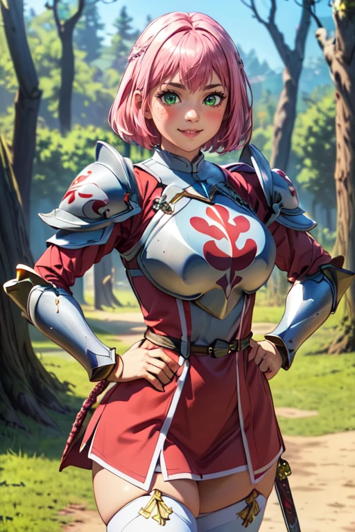 (masterpiece:1.2), (best quality), (ultra detailed), (8k, 4k, intricate),(half body:1.2),(cowboy:1.2),(highly detailed:1.2),(detailed face:1.2), (detailed background),(portrait),detailed landscape,(dynamic pose:1.2),<lora:more_details:0.5>,<lora:hana:0.7>hana 1girl, solo,large breats, looking at viewer, blush, smile, short hair, thighhighs, green eyes, weapon, pink hair, sword, armor, hand on hip, shoulder armor,forest background