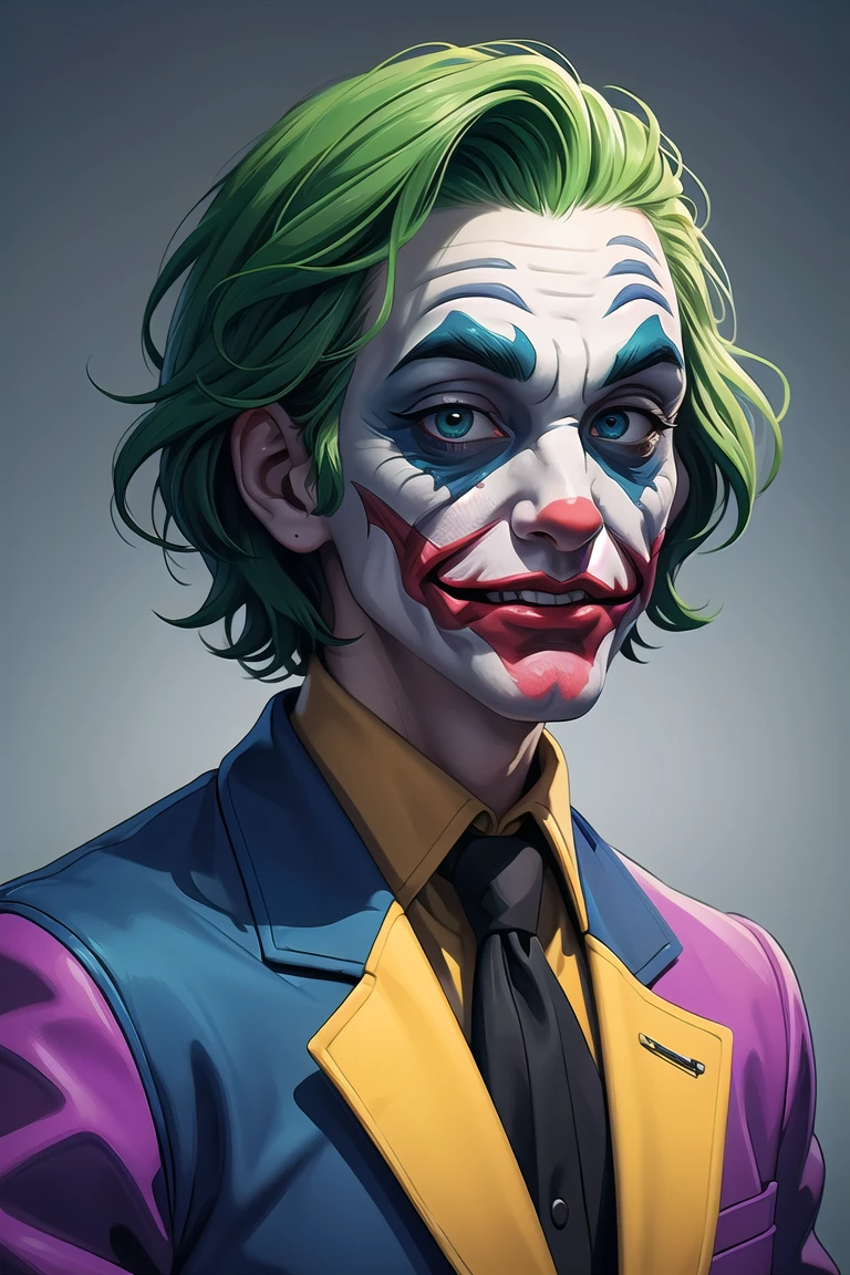 Cowboy Shot,((glossy eyes)),(masterpiece, best quality:1.4)best quality, high detail, (detailed face), detailed eyes, (beautiful, aesthetic, perfect, delicate, intricate:1.0),  joker painting of a man with green hair and a yellow jacket, digital art by Nicholas Marsicano, reddit, digital art, portrait of joker, portrait of the joker, portrait of a joker, the joker, joker, from joker (2019), #1 digital painting of all time, # 1 digital painting of all time, film still of the joker,<lora:GoodHands-beta2:1>,<lora:more_details:0.3>,<lora:GPTS4 dreamwave full_478773:0.3>,