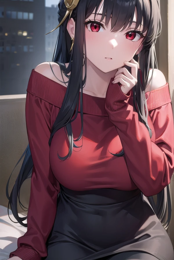 yorbriar, <lora:yorbriar-lora-nochekaiser:1>, 
yor briar, black hair, (red eyes:1.5), earrings, gold hairband, hairband, long hair, sidelocks, (medium  breasts:1.2),
BREAK bare shoulders, collarbone, dress, long sleeves, off shoulder, off-shoulder dress, off-shoulder sweater, pantyhose, red sweater, sweater, sweater dress, thighs,
BREAK outdoors, city,
BREAK looking at viewer, full body, upper body,
BREAK <lora:GoodHands-vanilla:1>, (masterpiece:1.2), best quality, high resolution, unity 8k wallpaper, (illustration:0.8), (beautiful detailed eyes:1.6), extremely detailed face, perfect lighting, extremely detailed CG, (perfect hands, perfect anatomy),