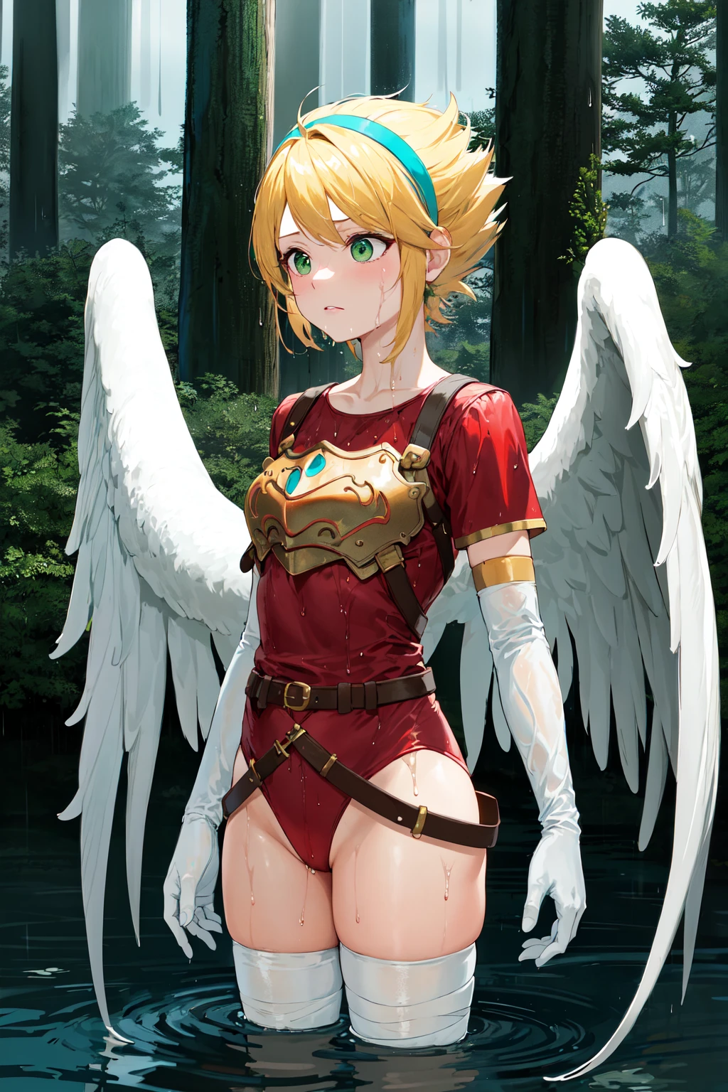 masterpiece, best quality, highres, aanina, blonde hair, short hair, floating hair, hairband, green eyes, feathered wings, white wings, armor, red leotard, red shirt, belt, elbow gloves, white gloves, bandages, thighhighs, <lora:nina_bof1_v1:0.8>, sad, standing, forest, night, (wet:1.2), rain, partially submerged,