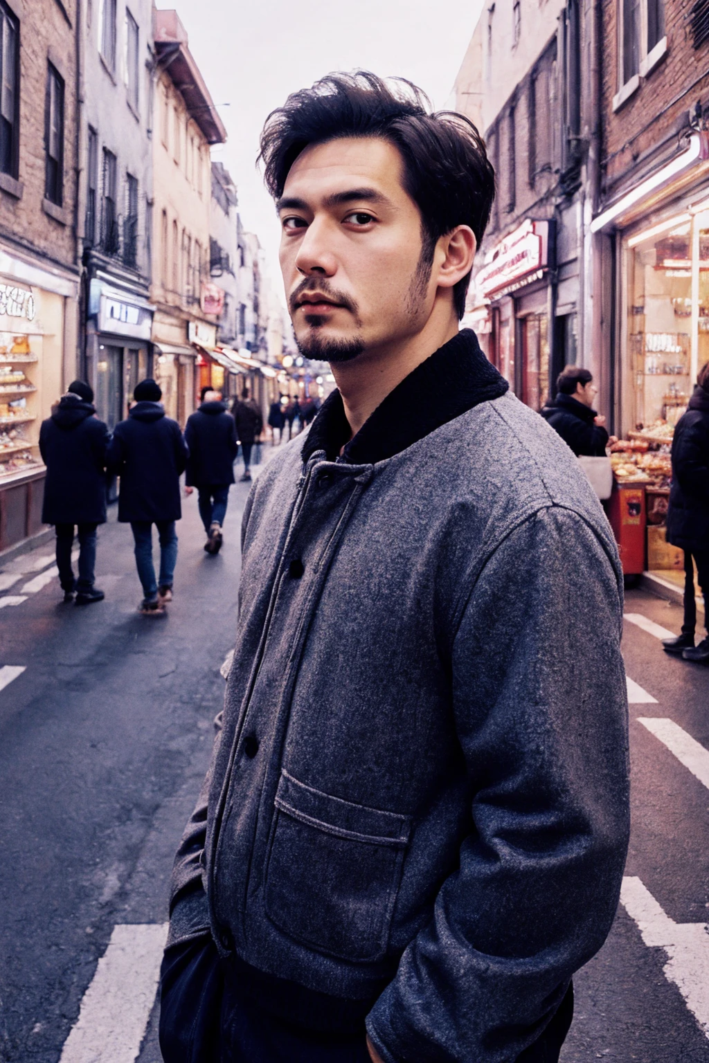 adult man, looking at viewer, solo:1, pov, (face upward:0.37),
shop background, street background
full body,