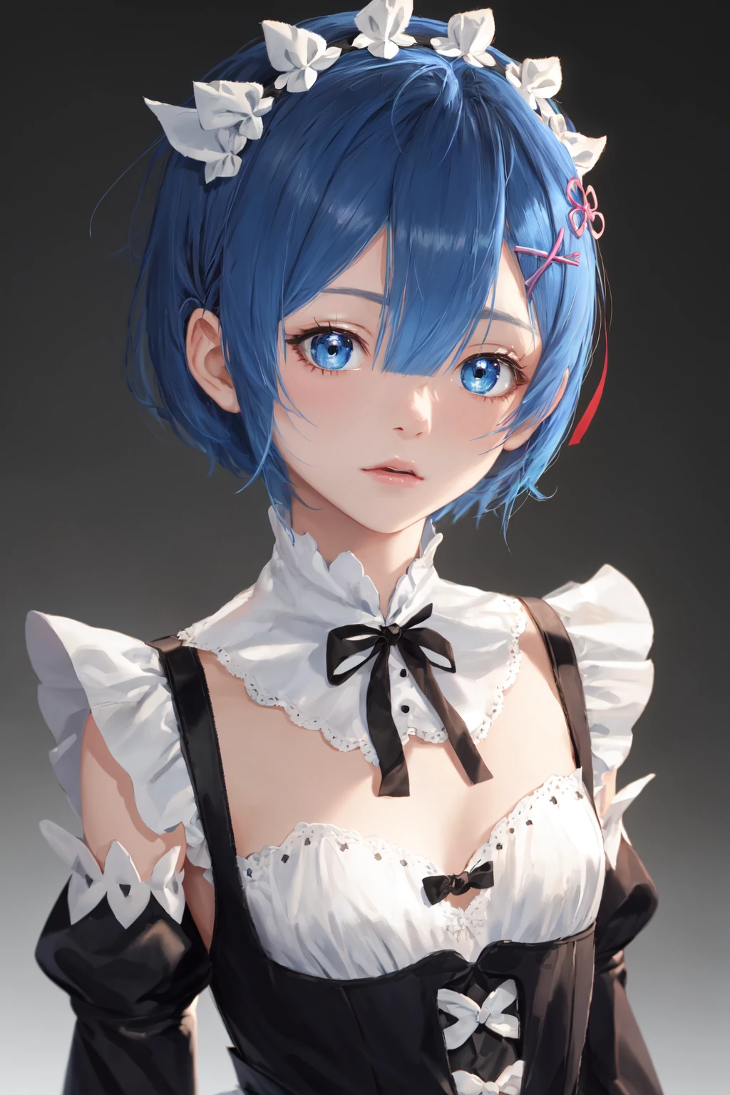 highres, sharp focus, pixiv masterpiece, ((intricate details)), highly detailed, upper body, 1girl, rem_re_zero, blue hair, short hair, maid uniform, hair ornament, cleavage, maid headdress, detached sleeves, ribbon,  <lora:Rem_ReZero_v1_1:0.8> ,  <lora:breastsizeslideroffset:-0.6>