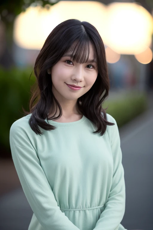 1girl, (wearing a cotton dress:1.6),(RAW photo, best quality), (realistic, photo-realistic:1.4), masterpiece, an extremely delicate and beautiful, extremely detailed, 2k wallpaper, Amazing, finely detail, extremely detailed CG unity 8k wallpaper, ultra-detailed, highres, soft light, beautiful detailed girl, extremely detailed eyes and face, beautiful detailed nose, beautiful detailed eyes,cinematic lighting,(in the city at night:1.4),perfect anatomy,slender body,(smile:1.4),(close up:2.0),(look at viewer),(front view:2.0),cinematic angle,(wavy hair:1.2),standing, <lora:yukimuraeri_lora-05:0.8>