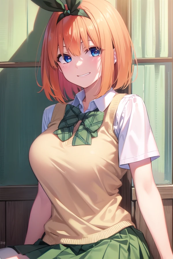 yotsubanakano, <lora:yotsubanakano-lora-nochekaiser:1>, 
yotsuba nakano, bangs, short hair, blue eyes, hair between eyes, hair ribbon, hairband, orange hair, green ribbon, <lora:talkmouth_I_v100:1>, smile,
BREAK skirt, shirt, bow, ribbon, school uniform, white shirt, short sleeves, pleated skirt, shoes, socks, collared shirt, miniskirt, bowtie, black footwear, kneehighs, green skirt, black socks, loafers, green bow, sweater vest, green ribbon,
BREAK looking at viewer, full body, upper body,
BREAK indoors, classroom,
BREAK <lyco:GoodHands-beta2:1>, (masterpiece:1.2), best quality, high resolution, unity 8k wallpaper, (illustration:0.8), (beautiful detailed eyes:1.6), extremely detailed face, perfect lighting, extremely detailed CG, (perfect hands, perfect anatomy),