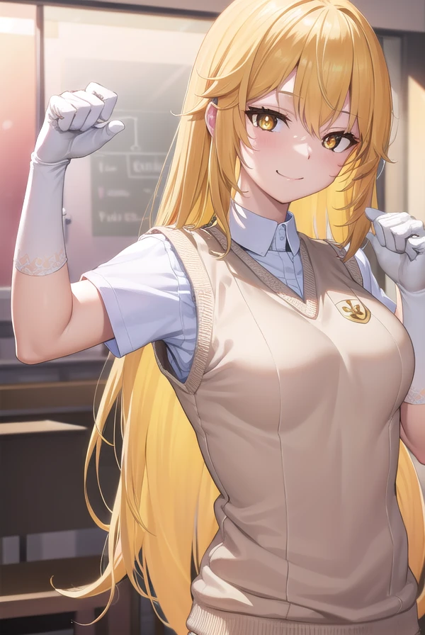 misakishokuhou, <lora:misakishokuhou-lora-nochekaiser:1>,
misaki shokuhou, blonde hair, hair between eyes, long hair, (symbol-shaped pupils:1.5), (yellow eyes:1.5), (medium breasts:1.2), <lora:smirkingeye_v100:1>, <lora:smirkingmouth_v100:1>, smile,
BREAK elbow gloves, gloves, school uniform, short sleeves, summer uniform, sweater vest, tokiwadai school uniform, white gloves, (light brown sweater vest:1.2),
BREAK looking at viewer, upper body, full body,
BREAK indoors, classroom,
BREAK <lora:GoodHands-vanilla:1>, (masterpiece:1.2), best quality, high resolution, unity 8k wallpaper, (illustration:0.8), (beautiful detailed eyes:1.6), extremely detailed face, perfect lighting, extremely detailed CG, (perfect hands, perfect anatomy),