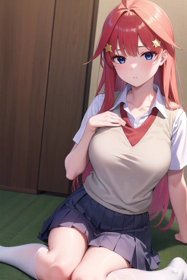 itsukinakano, <lora:itsukinakano-lora-nochekaiser:1>,
itsuki nakano, bangs, blue eyes, hair between eyes, ahoge, red hair, star \(symbol\), hair ornament, star hair ornament, <lora:smirkingeye_v100:1>,
BREAK skirt, shirt, school uniform, collarbone, white shirt, short sleeves, pleated skirt, socks, collared shirt, miniskirt, kneehighs, white socks, green skirt, sweater vest, red sweater vest,
BREAK indoors, school, classroom,
BREAK <lyco:GoodHands-beta2:1>, (masterpiece:1.2), best quality, high resolution, unity 8k wallpaper, (illustration:0.8), (beautiful detailed eyes:1.6), extremely detailed face, perfect lighting, extremely detailed CG, (perfect hands, perfect anatomy),