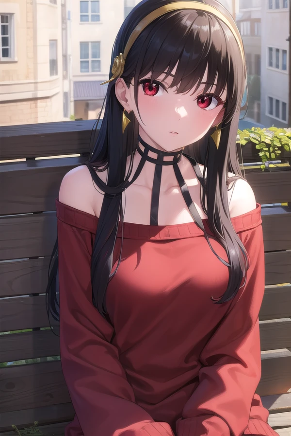 yorbriar, <lora:yorbriar-lora-nochekaiser:1>, 
yor briar, black hair, (red eyes:1.5), earrings, gold hairband, hairband, long hair, sidelocks, (medium  breasts:1.2),
BREAK bare shoulders, collarbone, dress, long sleeves, off shoulder, off-shoulder dress, off-shoulder sweater, pantyhose, red sweater, sweater, sweater dress, thighs,
BREAK outdoors, city,
BREAK looking at viewer, full body, upper body,
BREAK <lora:GoodHands-vanilla:1>, (masterpiece:1.2), best quality, high resolution, unity 8k wallpaper, (illustration:0.8), (beautiful detailed eyes:1.6), extremely detailed face, perfect lighting, extremely detailed CG, (perfect hands, perfect anatomy),