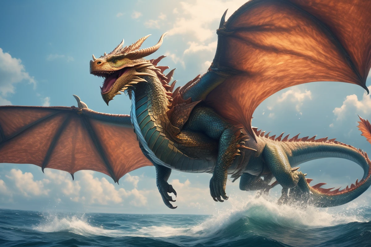 fisher dragon flying over the ocean
<lora:Classic Western Dragons XL:0.9>, (masterpiece), best quality, highres, 4k, 8k, Detailed Illustration, intricate detail, cinematic lighting, amazing quality, 1girl, fit female, amazing shading, soft lighting, facing camera, perfect eyes