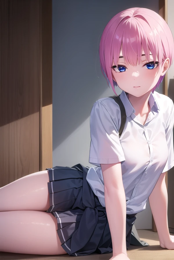 ichikanakano, <lora:ichikanakano-lora-nochekaiser:1>,
ichika nakano, short hair, bangs, blue eyes, hair between eyes, pink hair, <lora:sensualface_type1:1>, smile,
BREAK skirt, shirt, school uniform, white shirt, short sleeves, pleated skirt, shoes, socks, collared shirt, black footwear, sweater, white socks, green skirt, loafers, clothes around waist,
BREAK looking at viewer, fully body, upper body,
BREAK indoors, classroom,
BREAK <lyco:GoodHands-beta2:1>, (masterpiece:1.2), best quality, high resolution, unity 8k wallpaper, (illustration:0.8), (beautiful detailed eyes:1.6), extremely detailed face, perfect lighting, extremely detailed CG, (perfect hands, perfect anatomy),