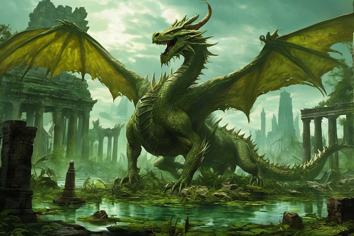 giant undead dragon in a swamp surrounded by the ruins of a temple
<lora:Classic Western Dragons XL:0.8>