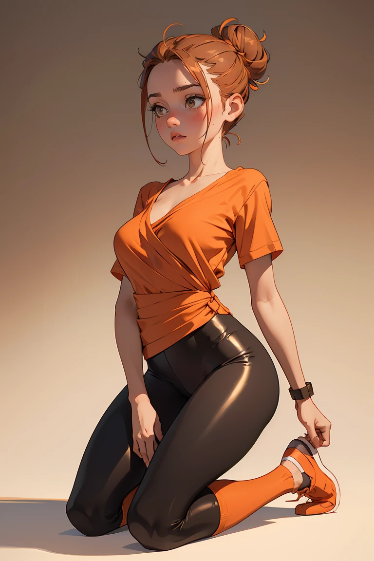 (masterpiece, best quality), 1girl, Sepia Messy Top Knot, Size A breasts, Orange-red Wrap-front blouse and Ruched leggings, bare, Kneeling on one knee, looking down with a hint of vulnerability.