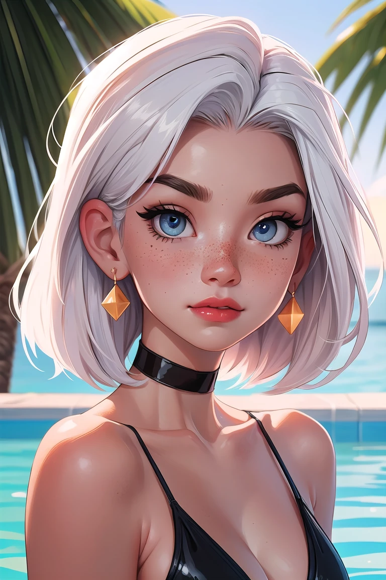 Cowboy Shot,((glossy eyes)),sam yang,1girl,backlighting,bare shoulders,black choker,blue eyes,black bikini,swimming,blush,breasts,short hair,choker,cleavage,closed mouth,golden earring,collarbone,earrings,forehead,freckles,hair over shoulder,jewelry,long hair,looking at viewer,pointy nose,red lips,shadow,solo,thick eyebrows,thick eyelashes,upper body,white hair,((masterpiece)),<lora:sam_yang_offset_right_filesize:0.7>,<lora:GoodHands-vanilla:1>,<lora:more_details:0.3>,<lora:GPTS4 dreamwave full_478773:0.3>,