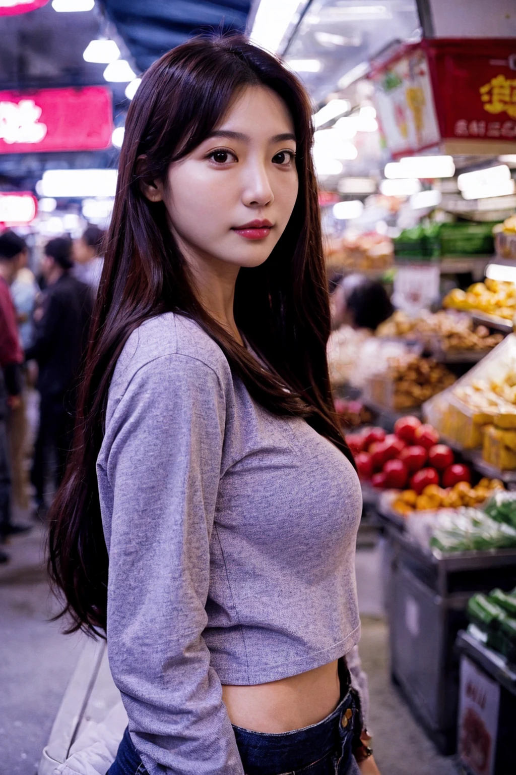 adult girl, (whole body, full body, slim body, medium breasts), looking at viewer, market, solo:1, (long hair),
close shot, (face upward:0.37), shirt,