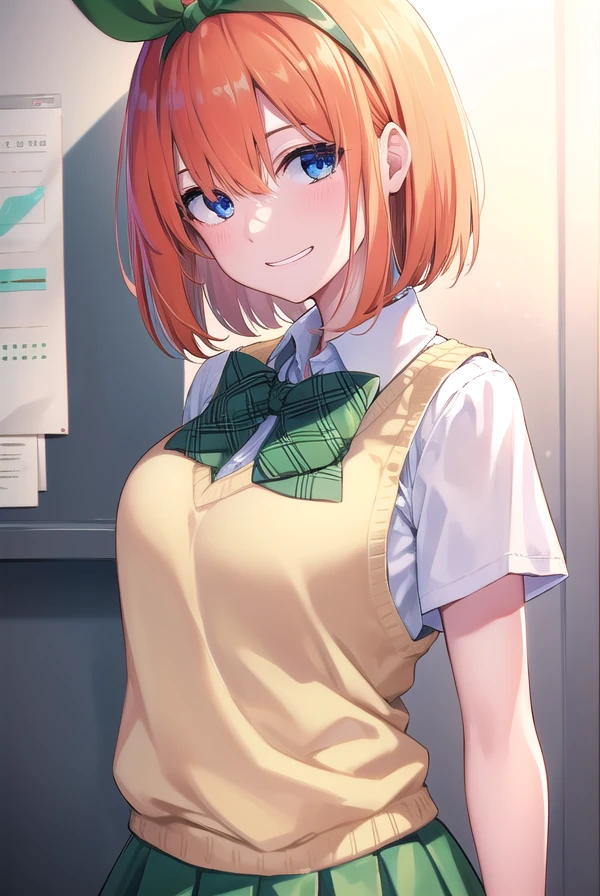 yotsubanakano, <lora:yotsubanakano-lora-nochekaiser:1>, 
yotsuba nakano, bangs, short hair, blue eyes, hair between eyes, hair ribbon, hairband, orange hair, green ribbon, <lora:talkmouth_I_v100:1>, smile,
BREAK skirt, shirt, bow, ribbon, school uniform, white shirt, short sleeves, pleated skirt, shoes, socks, collared shirt, miniskirt, bowtie, black footwear, kneehighs, green skirt, black socks, loafers, green bow, sweater vest, green ribbon,
BREAK looking at viewer, full body, upper body,
BREAK indoors, classroom,
BREAK <lyco:GoodHands-beta2:1>, (masterpiece:1.2), best quality, high resolution, unity 8k wallpaper, (illustration:0.8), (beautiful detailed eyes:1.6), extremely detailed face, perfect lighting, extremely detailed CG, (perfect hands, perfect anatomy),