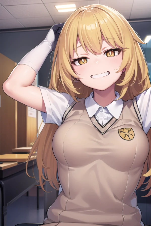 misakishokuhou, <lora:misakishokuhou-lora-nochekaiser:1>, 
misaki shokuhou, blonde hair, hair between eyes, long hair, (symbol-shaped pupils:1.5), (yellow eyes:1.5), (medium breasts:1.2), <lora:smirkingeye_v100:1>, <lora:smirkingmouth_v100:1>, smile,
BREAK elbow gloves, gloves, school uniform, short sleeves, summer uniform, sweater vest, tokiwadai school uniform, white gloves, (light brown sweater vest:1.2),
BREAK looking at viewer, upper body, full body,
BREAK indoors, classroom,
BREAK <lora:GoodHands-vanilla:1>, (masterpiece:1.2), best quality, high resolution, unity 8k wallpaper, (illustration:0.8), (beautiful detailed eyes:1.6), extremely detailed face, perfect lighting, extremely detailed CG, (perfect hands, perfect anatomy),