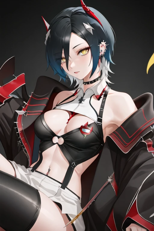 best quality, masterpiece, highres, solo, {ulrich_von_hutten_azurlane:1.15}, horns, black_hair, yellow_eyes, short_hair, red_horns, multicolored_hair, breasts, piercing, bangs, hair_between_eyes, medium_breasts, mechanical_horns, white_hair, hair_over_one_eye, hair_ornament