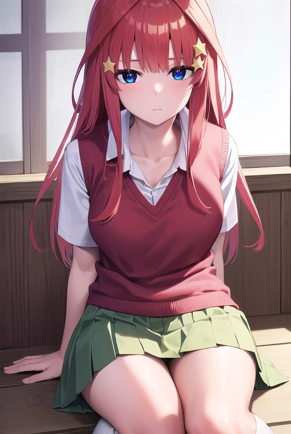 itsukinakano, <lora:itsukinakano-lora-nochekaiser:1>,
itsuki nakano, bangs, blue eyes, hair between eyes, ahoge, red hair, star \(symbol\), hair ornament, star hair ornament, <lora:smirkingeye_v100:1>,
BREAK skirt, shirt, school uniform, collarbone, white shirt, short sleeves, pleated skirt, socks, collared shirt, miniskirt, kneehighs, white socks, green skirt, sweater vest, red sweater vest,
BREAK indoors, school, classroom,
BREAK <lyco:GoodHands-beta2:1>, (masterpiece:1.2), best quality, high resolution, unity 8k wallpaper, (illustration:0.8), (beautiful detailed eyes:1.6), extremely detailed face, perfect lighting, extremely detailed CG, (perfect hands, perfect anatomy),