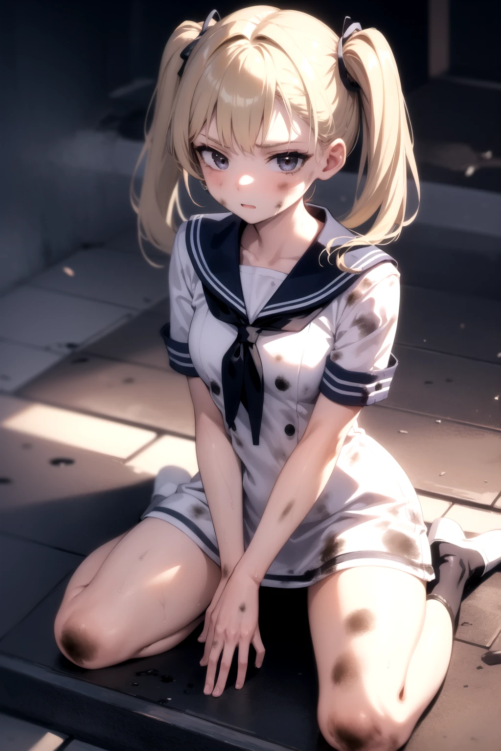 <lora:microdress_v0.2:1.0> 
1girl, sailor dress, twintails, short dress,
<lora:dirty_v0.1:1> dirty, dirty face, v arms, white dress,, masterpiece, best quality, highly detailed