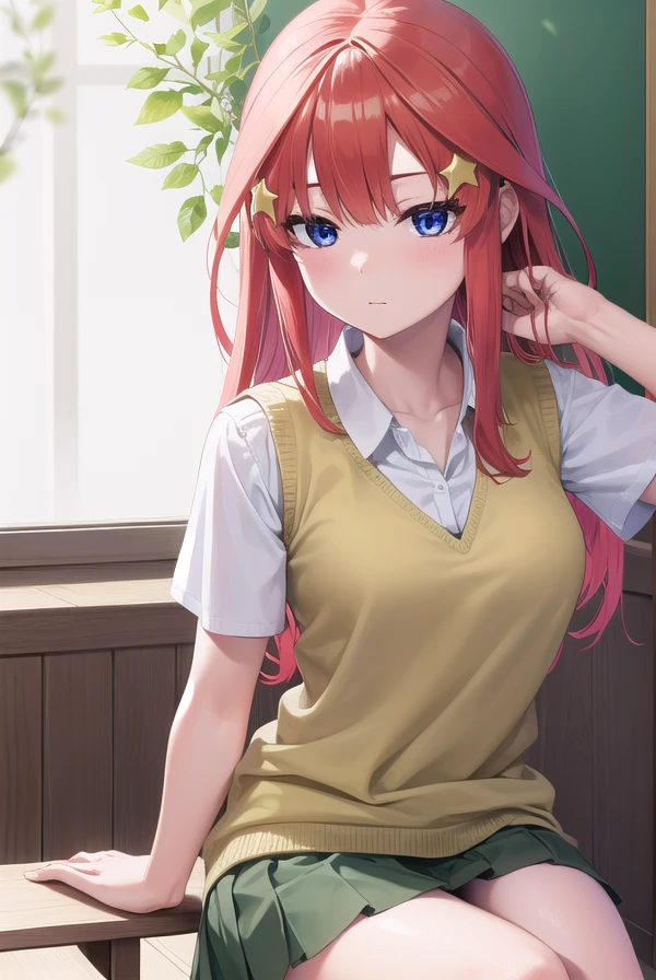 itsukinakano, <lora:itsukinakano-lora-nochekaiser:1>,
itsuki nakano, bangs, blue eyes, hair between eyes, ahoge, red hair, star \(symbol\), hair ornament, star hair ornament, <lora:smirkingeye_v100:1>,
BREAK skirt, shirt, school uniform, collarbone, white shirt, short sleeves, pleated skirt, socks, collared shirt, miniskirt, kneehighs, white socks, green skirt, sweater vest, red sweater vest,
BREAK indoors, school, classroom,
BREAK <lyco:GoodHands-beta2:1>, (masterpiece:1.2), best quality, high resolution, unity 8k wallpaper, (illustration:0.8), (beautiful detailed eyes:1.6), extremely detailed face, perfect lighting, extremely detailed CG, (perfect hands, perfect anatomy),