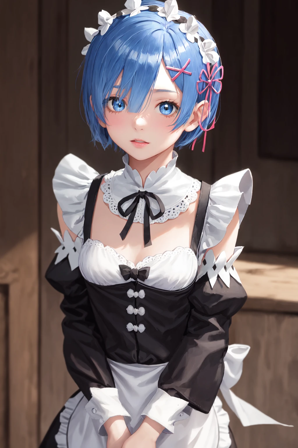 highres, sharp focus, pixiv masterpiece, ((intricate details)), highly detailed, upper body, 1girl, rem_re_zero, blue hair, short hair, maid uniform, hair ornament, cleavage, maid headdress, detached sleeves, ribbon,  <lora:Rem_ReZero_v1_1:0.8> ,  <lora:breastsizeslideroffset:-0.6>