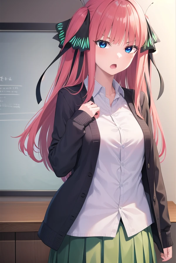 ninonakano, <lora:ninonakano-lora-nochekaiser:1>,
nino nakano, long hair, bangs, blue eyes, hair ornament, hair ribbon, pink hair, blunt bangs, two side up, butterfly hair ornament, <lora:gekioko_v200:1>, angry, open mouth,
BREAK skirt, shirt, long sleeves, white shirt, pleated skirt, open clothes, collared shirt, sleeves past wrists, dress shirt, cardigan, green skirt, open cardigan, black cardigan,,
BREAK indoors, classroom, school,
BREAK looking at viewer,
BREAK <lyco:GoodHands-beta2:1>, (masterpiece:1.2), best quality, high resolution, unity 8k wallpaper, (illustration:0.8), (beautiful detailed eyes:1.6), extremely detailed face, perfect lighting, extremely detailed CG, (perfect hands, perfect anatomy),