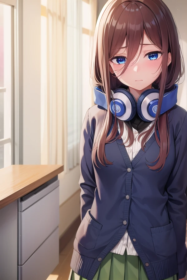 mikunakano, <lora:mikunakano-lora-nochekaiser:1>, 
miku nakano, long hair, bangs, blue eyes, brown hair, shirt, hair between eyes, headphones, cardigan, headphones around neck, <lora:yudedako_v100:1>, embarrassed,
BREAK skirt, shirt, long sleeves, white shirt, pantyhose, pleated skirt, black pantyhose, cardigan, green skirt, blue cardigan,
BREAK looking at viewer,
BREAK indoors, classroom,
BREAK <lyco:GoodHands-beta2:1>, (masterpiece:1.2), best quality, high resolution, unity 8k wallpaper, (illustration:0.8), (beautiful detailed eyes:1.6), extremely detailed face, perfect lighting, extremely detailed CG, (perfect hands, perfect anatomy),