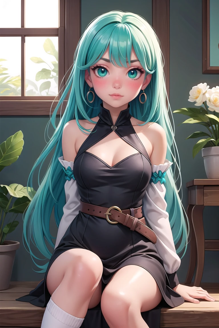 Cowboy Shot,((glossy eyes)),1girl,solo,long hair,dress,jewelry,earrings,looking at viewer,sitting,black dress,flower,bare shoulders,bangs,floral print,green hair,detached sleeves,very long hair,breasts,white flower,long sleeves,bare legs,white socks,lips,plant,aqua eyes,straight hair,indoors,closed mouth,blush,socks,belt,medium breasts,green eyes,thighs,feet out of frame,hands on own knees,shoulder cutout,aqua hair,shoes,eyelashes,<lora:GoodHands-beta2:1>,<lora:more_details:0.3>,<lora:GPTS4 dreamwave full_478773:0.3>,