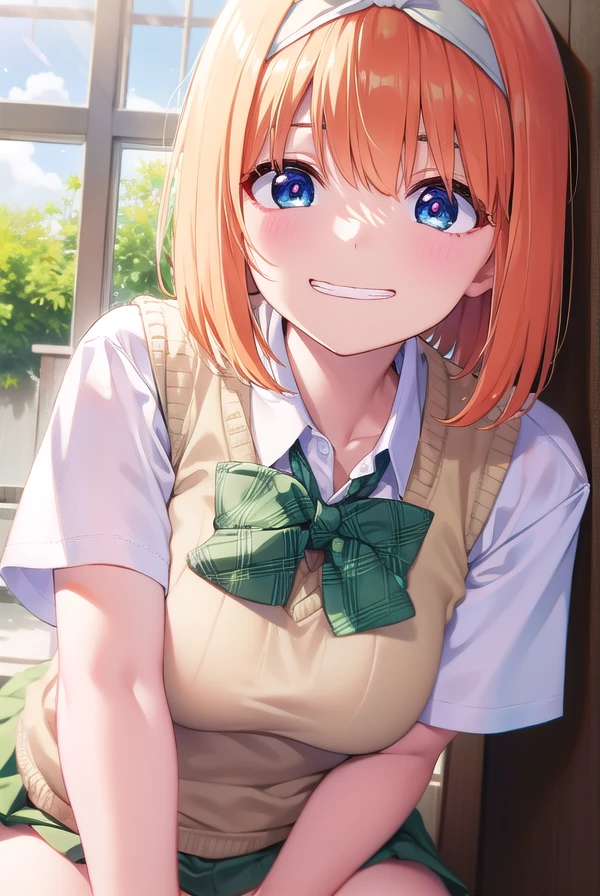 yotsubanakano, <lora:yotsubanakano-lora-nochekaiser:1>, 
yotsuba nakano, bangs, short hair, blue eyes, hair between eyes, hair ribbon, hairband, orange hair, green ribbon, <lora:talkmouth_I_v100:1>, smile,
BREAK skirt, shirt, bow, ribbon, school uniform, white shirt, short sleeves, pleated skirt, shoes, socks, collared shirt, miniskirt, bowtie, black footwear, kneehighs, green skirt, black socks, loafers, green bow, sweater vest, green ribbon,
BREAK looking at viewer, full body, upper body,
BREAK indoors, classroom,
BREAK <lyco:GoodHands-beta2:1>, (masterpiece:1.2), best quality, high resolution, unity 8k wallpaper, (illustration:0.8), (beautiful detailed eyes:1.6), extremely detailed face, perfect lighting, extremely detailed CG, (perfect hands, perfect anatomy),