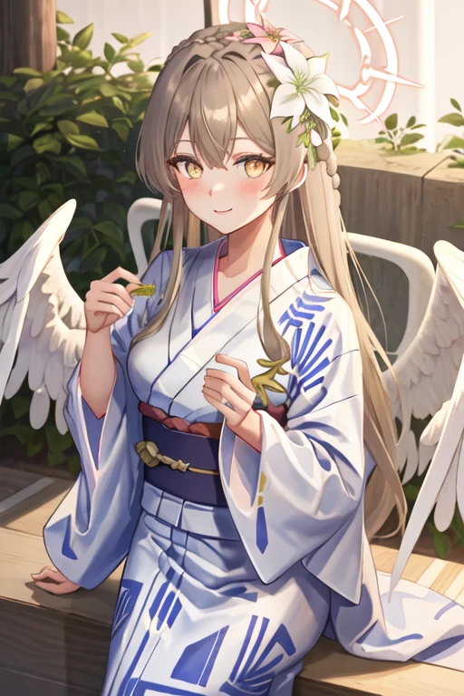 best quality, masterpiece, highres, solo, {yukata:1.40}, {kimono:1.20}, {nagisa_bluearchive:1.15}, long_hair, halo, bangs, hair_ornament, hair_flower, flower, wings, hair_between_eyes, blush, yellow_eyes, feathered_wings, light_brown_hair, white_wings, braid, smile, brown_eyes