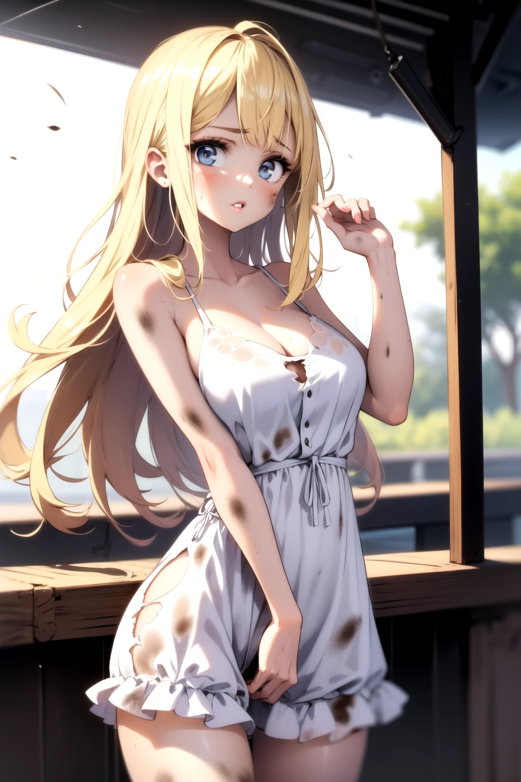 <lora:dirty_v0.1:1>
1girl, white dress, torn dress, cowboy shot, dirty,
blonde hair, long hair, frills, dirty face, dirty clothes, torn clothes,
parted lips,, masterpiece, best quality, highly detailed