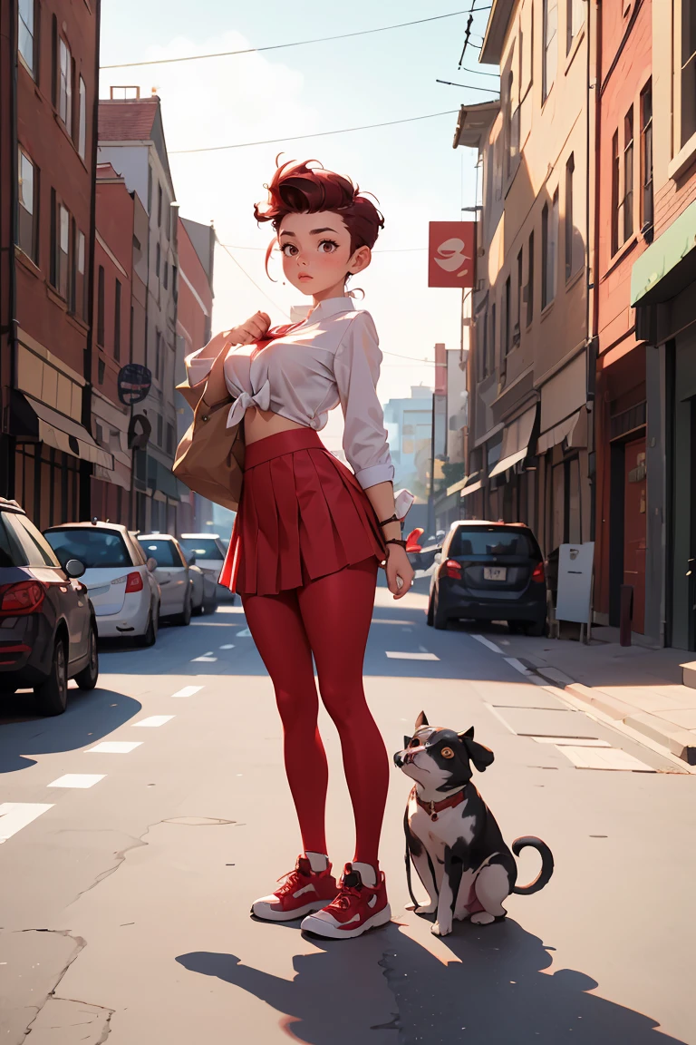 (masterpiece, best quality), 1girl, Tawny High Fade with Quiff, Size H breasts, Brick red Chiffon blouse and Cargo mini skirt, leggings, Bending down to tie shoelaces, with a pet beside, capturing a sweet everyday moment.