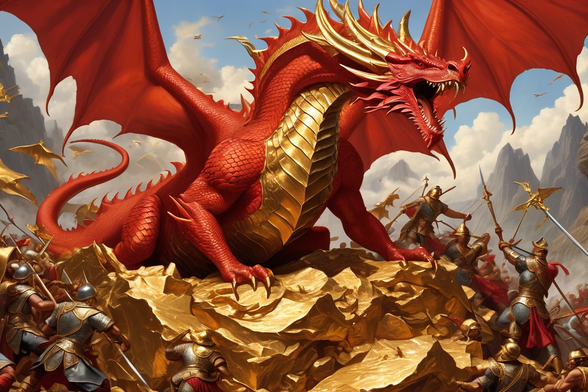 red dragon on top of a pile of gold being attacked by a group of adventurers, classic style
<lora:Classic Western Dragons XL:0.75>