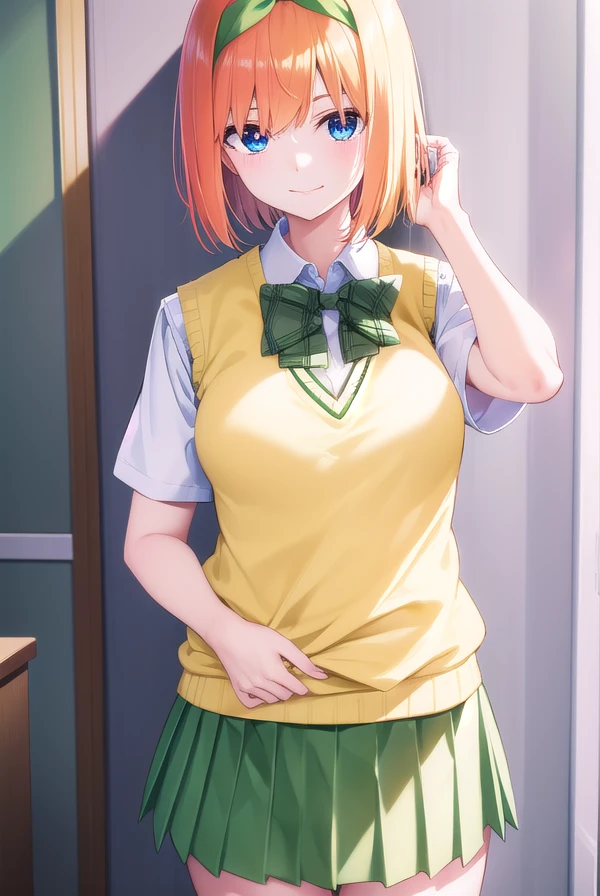 yotsubanakano, <lora:yotsubanakano-lora-nochekaiser:1>, 
yotsuba nakano, bangs, short hair, blue eyes, hair between eyes, hair ribbon, hairband, orange hair, green ribbon, <lora:talkmouth_I_v100:1>,
BREAK skirt, shirt, bow, ribbon, school uniform, white shirt, short sleeves, pleated skirt, shoes, socks, collared shirt, miniskirt, bowtie, black footwear, kneehighs, green skirt, black socks, loafers, green bow, sweater vest, green ribbon, (yellow sweater vest:1.5),
BREAK looking at viewer,
BREAK indoors, classroom,
BREAK <lyco:GoodHands-beta2:1>, (masterpiece:1.2), best quality, high resolution, unity 8k wallpaper, (illustration:0.8), (beautiful detailed eyes:1.6), extremely detailed face, perfect lighting, extremely detailed CG, (perfect hands, perfect anatomy),