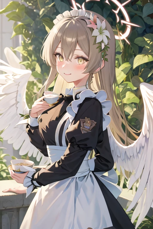 best quality, masterpiece, highres, solo, {maid:1.40}, {long maid dress:1.15}, {nagisa_bluearchive:1.15}, long_hair, halo, bangs, hair_ornament, hair_flower, flower, wings, hair_between_eyes, blush, yellow_eyes, feathered_wings, light_brown_hair, white_wings, braid, smile, brown_eyes