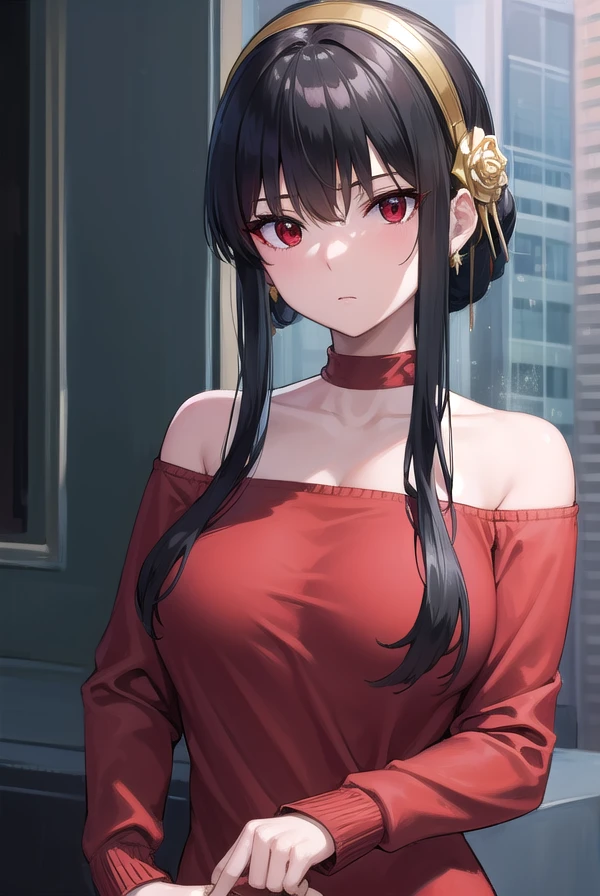 yorbriar, <lora:yorbriar-lora-nochekaiser:1>, 
yor briar, black hair, (red eyes:1.5), earrings, gold hairband, hairband, long hair, sidelocks, (medium  breasts:1.2),
BREAK bare shoulders, collarbone, dress, long sleeves, off shoulder, off-shoulder dress, off-shoulder sweater, pantyhose, red sweater, sweater, sweater dress, thighs,
BREAK outdoors, city,
BREAK looking at viewer, full body, upper body,
BREAK <lora:GoodHands-vanilla:1>, (masterpiece:1.2), best quality, high resolution, unity 8k wallpaper, (illustration:0.8), (beautiful detailed eyes:1.6), extremely detailed face, perfect lighting, extremely detailed CG, (perfect hands, perfect anatomy),